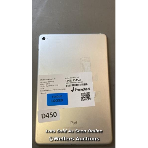 9674 - APPLE IPAD MINI 4 / 128 GB / SILVER / A1538 / SERIAL: F9FV5H5ZGHKK I-CLOUD LOCKED