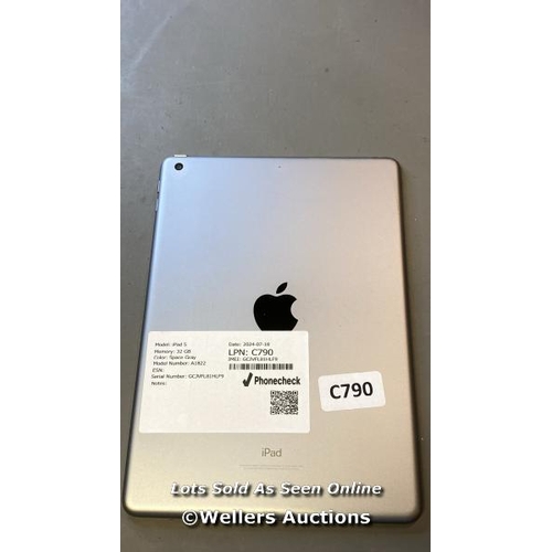 9679 - APPLE IPAD 5 / 32 GB / SPACE GRAY / A1822 / SERIAL: GCJVFL81HLF9 DATE 2024-07-18