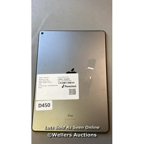 9684 - APPLE IPAD AIR 3 / 64GB / SPACE GRAY / A2152 / SERIAL: F9FYPWHELMPD