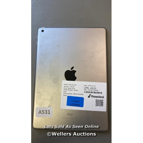 9697 - APPLE IPAD 6TH GEN / 128 GB / GRAY  / A1893 / SERIAL: F9FWF2G0JF8M I-CLOUD LOCKED