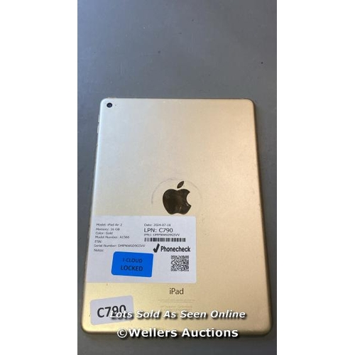 9698 - APPLE IPAD AIR 2 / 16 GB / GOLD / A1566 / SERIAL: DMPNW6D9G5VV / I-CLOUD LOCKED