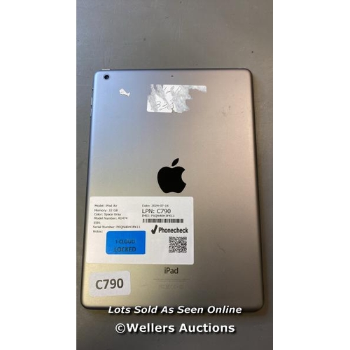 9700 - APPLE IPAD AIR / 32 GB GRAY / A1474 / SERIAL: F6QN40H3FK11 / I-CLOUD LOCKED