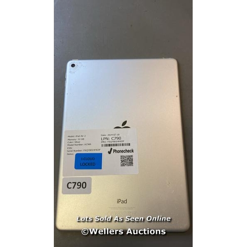 9704 - APPLE IPAD AIR 2 / 32 GB / SILVER / A1566 / SERIAL: F6QY801HHGS5F  / I-CLOUD LOCKED