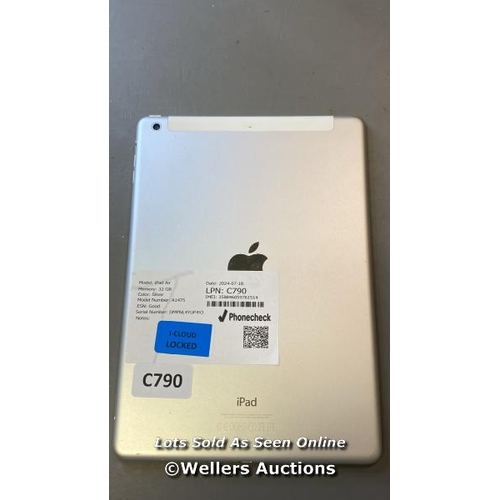 9708 - APPLE IPAD AIR MEORY 32 GB / SILVER / A1475 ESN: GOOD / SERIAL: DMPNL4YUF4YJ IMEI 358846059761514 / ... 