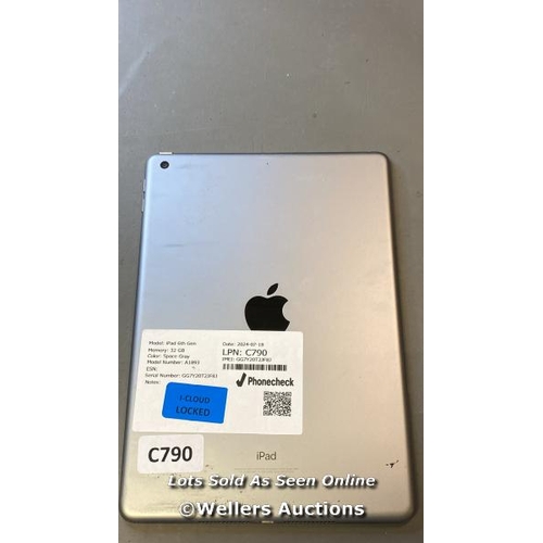 9711 - APPLE IPAD (6TH GEN  / 32 GB / GRAY / A1893 / SERIAL: GG7Y20T2JF8J / I-CLOUD LOCKED SCREEN DAMAGE