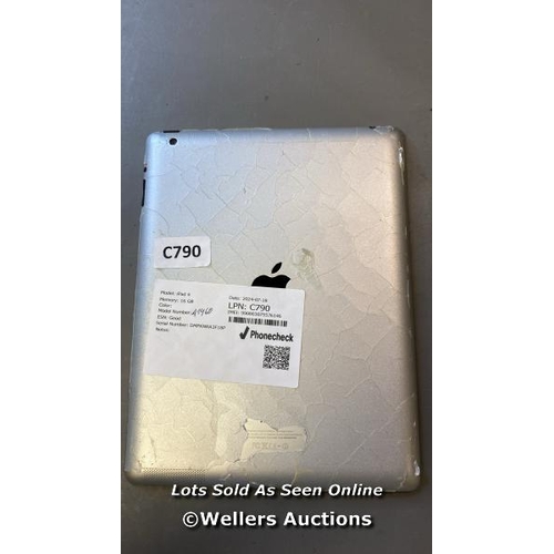 9712 - APPLE IPAD 4 / 16GB / A1460 ESN: GOOD / SERIAL: DMPKNRA3F18P IMEI 990003075576146 / I-CLOUD UNLOCKED