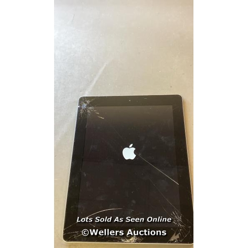 9713 - APPLE IPAD 4 / 16 GB / SILVER / 1458 / SERIAL: DMQKJ496F182 / I-CLOUD LOCKED SCREEN DAMAGE