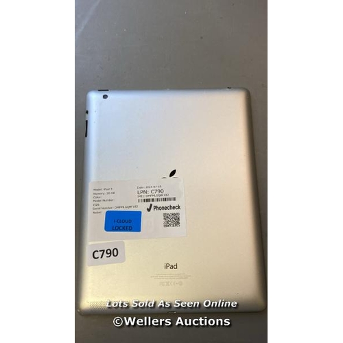 9714 - APPLE IPAD 4 / 16 GB CLOR SILVER / A1458 / SERIAL: DMPMLGQBF182 / I-CLOUD LOCKED