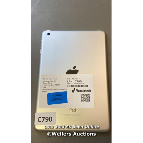 9716 - APPLE IPAD MINI 3 / 128 GB / SILVER / A1599 / SERIAL: DLXNF4G3G5V8 / I-CLOUD LOCKED