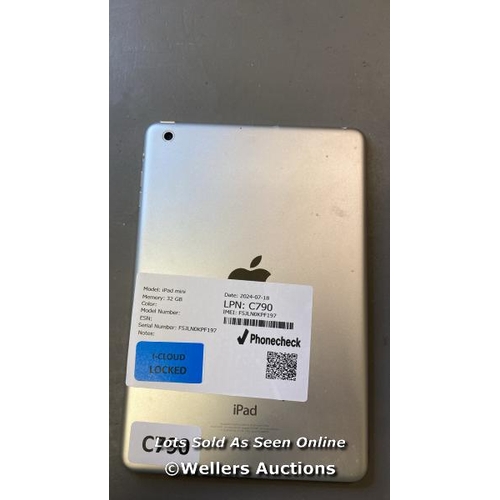 9717 - APPLE IPAD MINI / SILVER / A1432 / SERIAL: F5JLN0KPF197 / I-CLOUD LOCKED