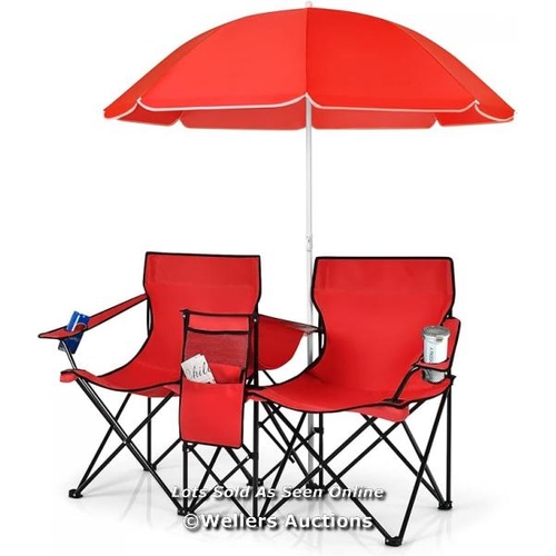 8266 - DOUBLE CAMPING CHAIR, PORTABLE FOLDING LOVESEAT CHAIR WITH UMBRELLA AND CARRY BAG, OUTDOOR LEISURE L... 