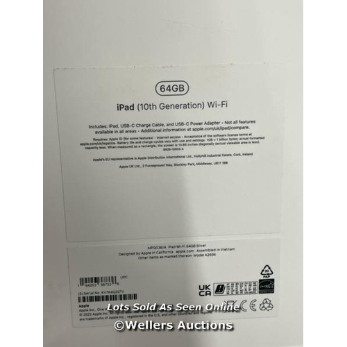 8929 - APPLE IPAD 10TH GEN, 10.9 INCH, WIFI, 64GB IN SILVER, MPQ03B/A / NEW & SEALED / SEE IMAGES FOR SERIA... 