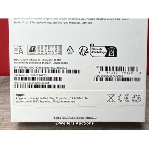 8514 - APPLE IPHONE 14 / 128GB / MPUF3ZD/A / MIDNIGHT / POWERS UP / ICLOUD UNLOCKED / APPEARS NEW OPEN BOX ... 