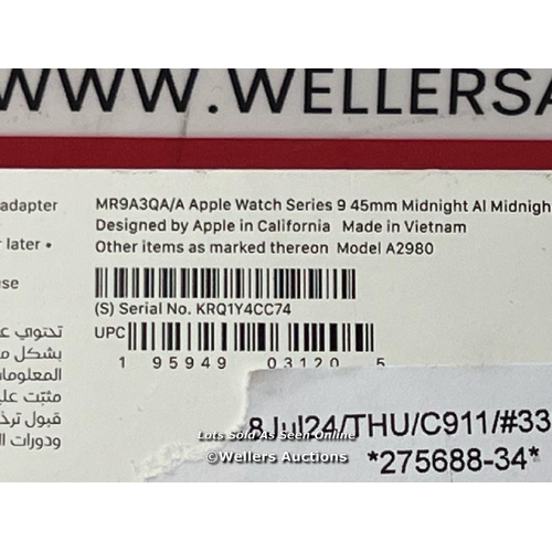 8516 - APPLE WATCH SERIES 9 GPS, 45MM MIDNIGHT ALUMINIUM CASE WITH MIDNIGHT SPORT BAND M/L, MR9A3QA/A / POW... 