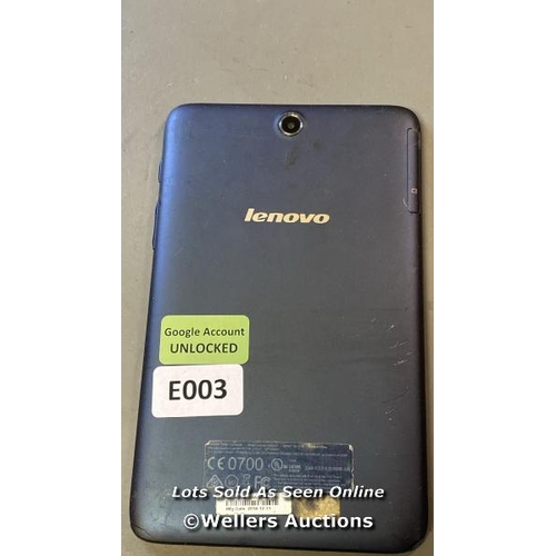 9854 - LENOVO TABLET MODEL A3500F GOOGLE ACCOUNT UNLOCKED SCREEN DAMAGE