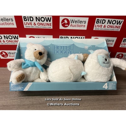 4021 - HOTEL DOGGY COZY WINTER PLUSHIES, 4 PACK / NEW OPEN BOX/ ONE TOY DAMAGED / F34