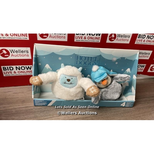 4063 - HOTEL DOGGY COZY WINTER PLUSHIES / NEW BUT ONE MISSING / SEE IMAGES FOR CONTENTS / E61