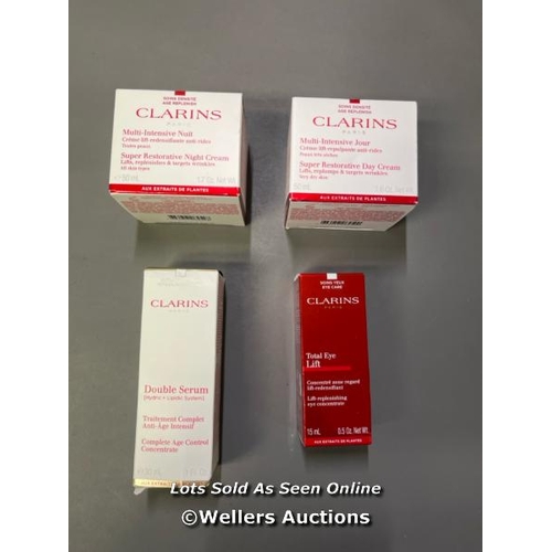 126 - 4X CLARINS BOX; 50ML NIGHT CREAM, 15ML TOTAL EYE LIFT, 50ML DAY CREAM, 30ML DOUBLE SERUM AGE CONTROL