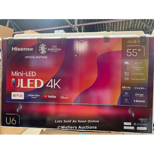 8568 - HISENSE 55U6KQTUK 55 INCH MINI LED 4K UHD SMART TV / POWERS UP / MINIMAL, IF ANY, SIGNS OF USE / WIT... 