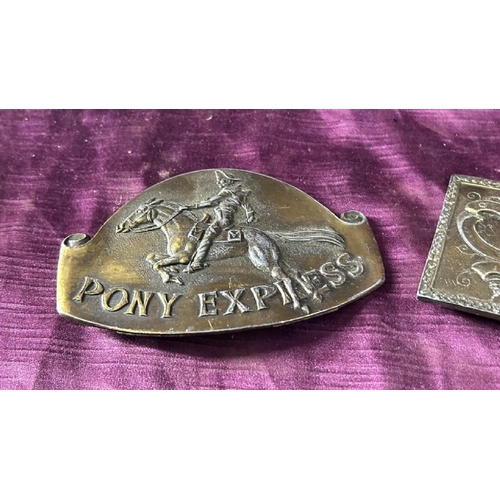 105 - Two belt buckles, Pony Express and another  / All lots are located at The Barn, Hampstead Farm, Nr H... 