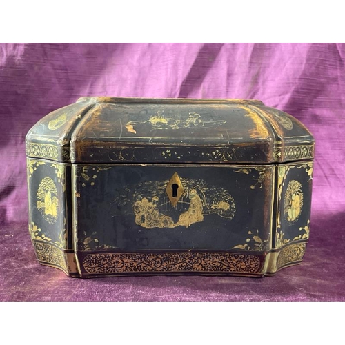 107 - 19th century chinese tea caddy with guilded chinoiseire decoratin, 24cm (l) x 18cm (d) x 15cm (h)  /... 