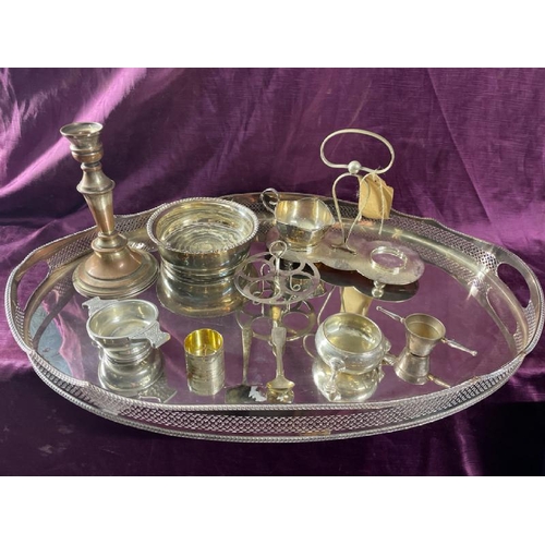 22 - Ten assorted silver plate pieces including a large tray, 61.5cm (w)  / All lots are located at The B... 