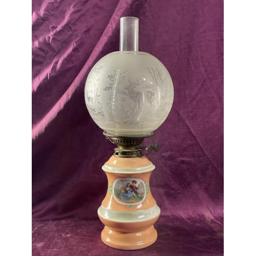 27 - Porcelain oil lamp, frosted glass shade, 50cm (h)  / All lots are located at The Barn, Hampstead Far... 