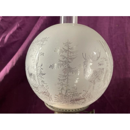 27 - Porcelain oil lamp, frosted glass shade, 50cm (h)  / All lots are located at The Barn, Hampstead Far... 