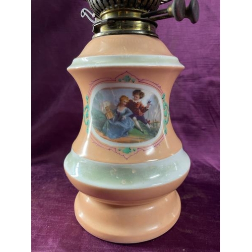 27 - Porcelain oil lamp, frosted glass shade, 50cm (h)  / All lots are located at The Barn, Hampstead Far... 