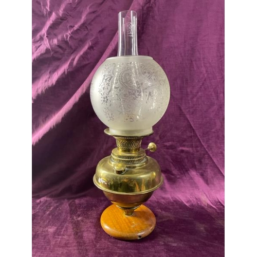 28 - Oil lamp, frosted glass shade, 50cm (h)  / All lots are located at The Barn, Hampstead Farm, Nr Henl... 