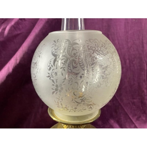 28 - Oil lamp, frosted glass shade, 50cm (h)  / All lots are located at The Barn, Hampstead Farm, Nr Henl... 