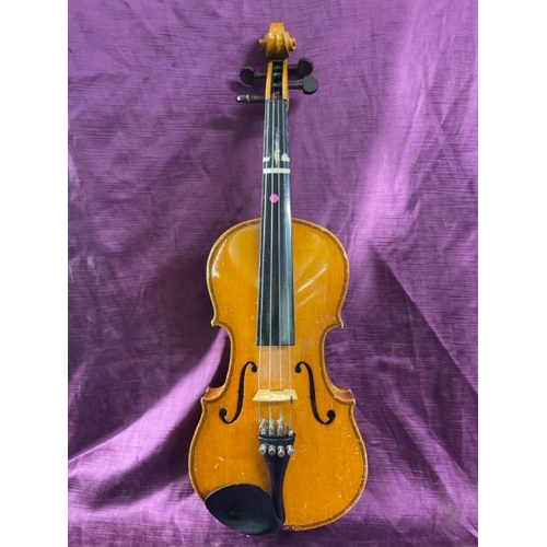 34 - Violin, without name, 50cm (l) with bow and ase  / All lots are located at The Barn, Hampstead Farm,... 