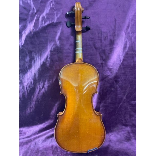 34 - Violin, without name, 50cm (l) with bow and ase  / All lots are located at The Barn, Hampstead Farm,... 