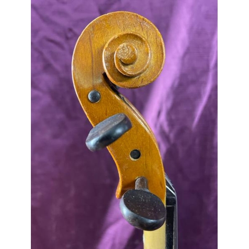 34 - Violin, without name, 50cm (l) with bow and ase  / All lots are located at The Barn, Hampstead Farm,... 