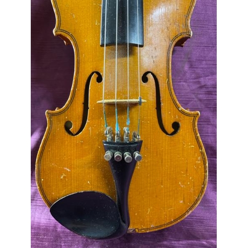 34 - Violin, without name, 50cm (l) with bow and ase  / All lots are located at The Barn, Hampstead Farm,... 