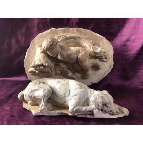 46 - Plaster moulding of a cherub and a recumbant hound, both as found  / All lots are located at The Bar... 