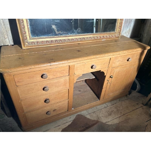 480 - A 19th century pine knee hole farmhouse dresser base with four graduated drawers and one central, 91... 