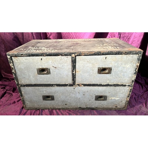 481 - An early to mid 20th century (probably WWII) campaign travel chest with three drawers, E.P. Shortbri... 