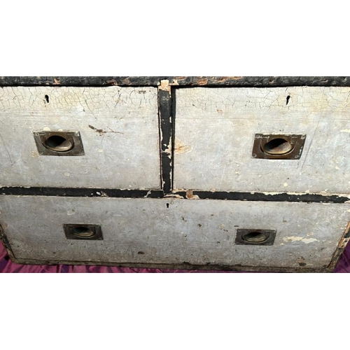 481 - An early to mid 20th century (probably WWII) campaign travel chest with three drawers, E.P. Shortbri... 