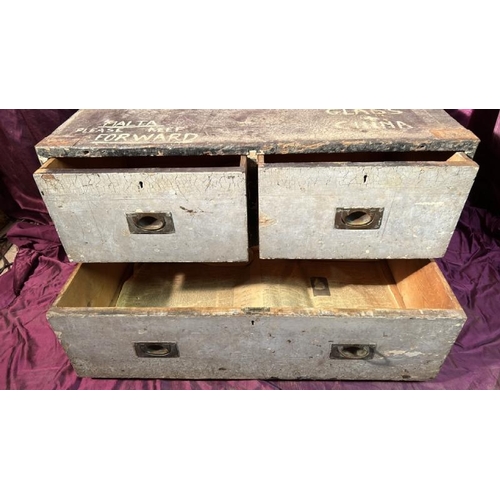 481 - An early to mid 20th century (probably WWII) campaign travel chest with three drawers, E.P. Shortbri... 