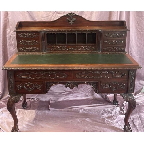 501 - A circa 1900, Georgian style highly decorative and carved mahogany lined writing desk with leather i... 