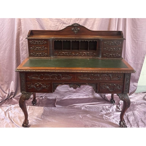 501 - A circa 1900, Georgian style highly decorative and carved mahogany lined writing desk with leather i... 