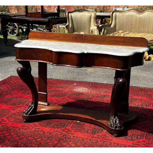 513 - A mahogany with Carerra marble shaped top and single drawer to the front on Lion's paw cabriole legs... 