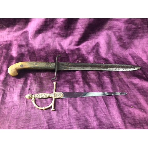 53 - Antique bayonet (converted to a fighting knife), 37cm (l) and a sword letter opener  / All lots are ... 