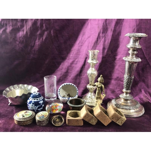 55 - Antique assortement including napkin rings, candle sticks, paper weights, etc  / All lots are locate... 