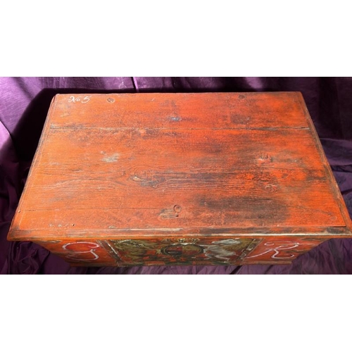 557 - A 19th century oak metal banded trunk with GR sypher and hand painted coat of arms applied in old re... 