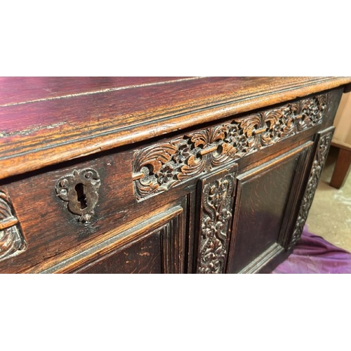 569 - A 19th century finely carved oak coffer, 60cm (h) x 138cm (w) x 55cm (d)  / All lots are located at ... 