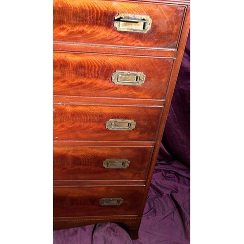 570 - A circa 1900 framed mahogany chest of five graduated drawers with recessed brass military campaign h... 