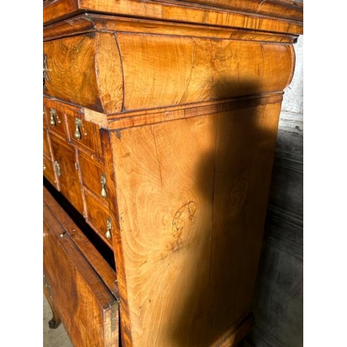 571 - An 18th century Queen Anne walnut escritoire on associated base, profusely carved and inlaid through... 