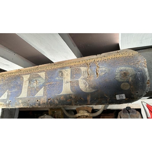 573 - A painted wooden 'Tiller' sign, 200cm (w) x 27cm (h)  / All lots are located at The Barn, Hampstead ... 